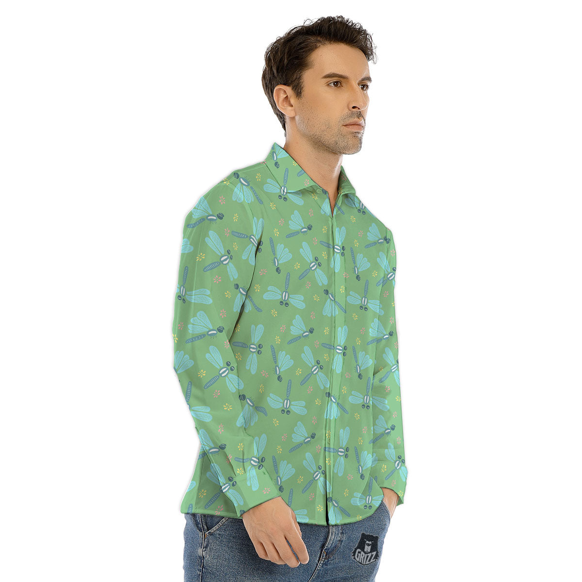 Dragonfly Green Print Pattern Men's Dress Shirts-grizzshop