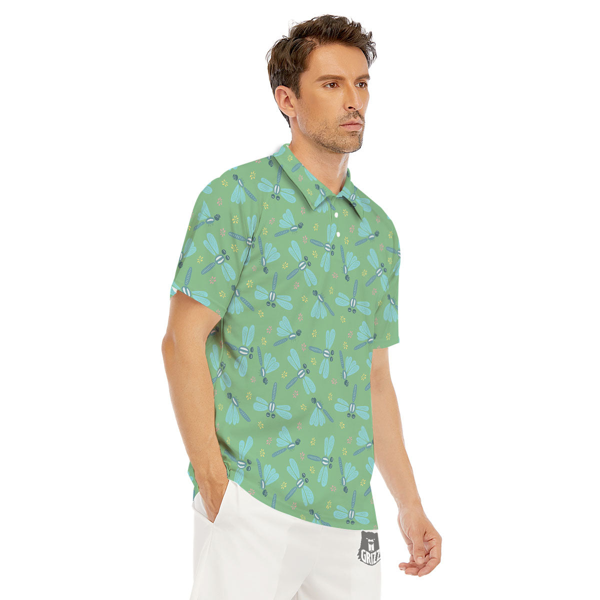 Dragonfly Green Print Pattern Men's Golf Shirts-grizzshop