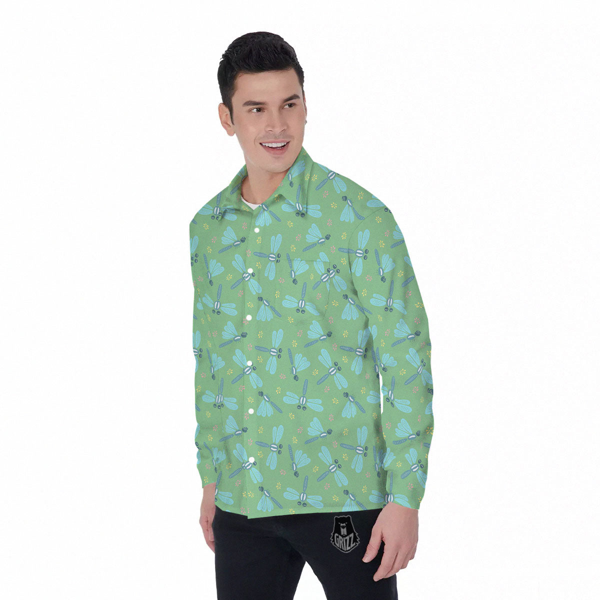 Dragonfly Green Print Pattern Men's Long Sleeve Shirts-grizzshop