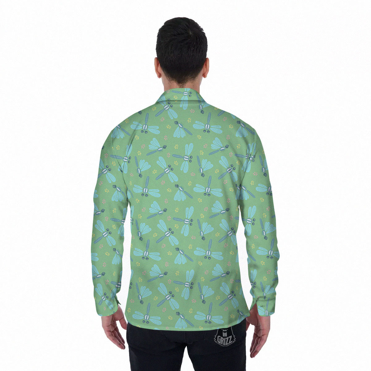 Dragonfly Green Print Pattern Men's Long Sleeve Shirts-grizzshop