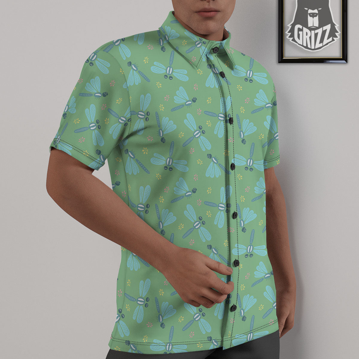 Dragonfly Green Print Pattern Untucked Shirts-grizzshop