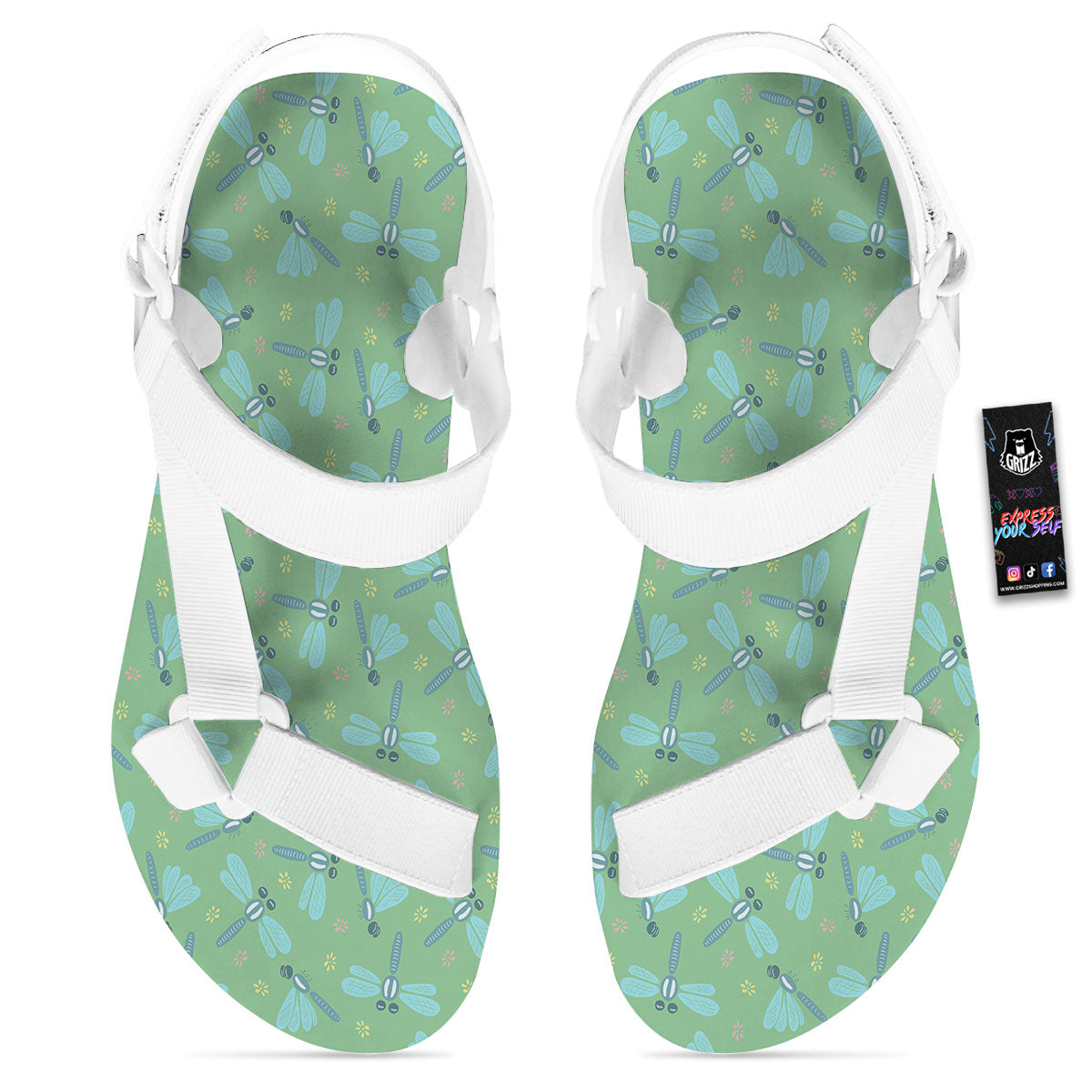 Dragonfly Green Print Pattern White Open Toe Sandals-grizzshop