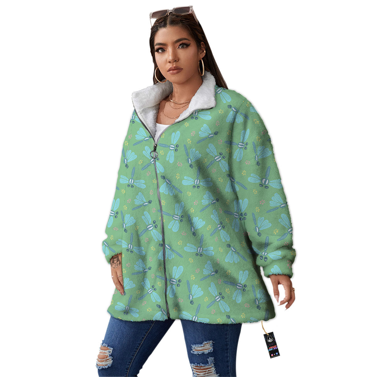 Dragonfly Green Print Pattern Women's Sherpa Jacket-grizzshop