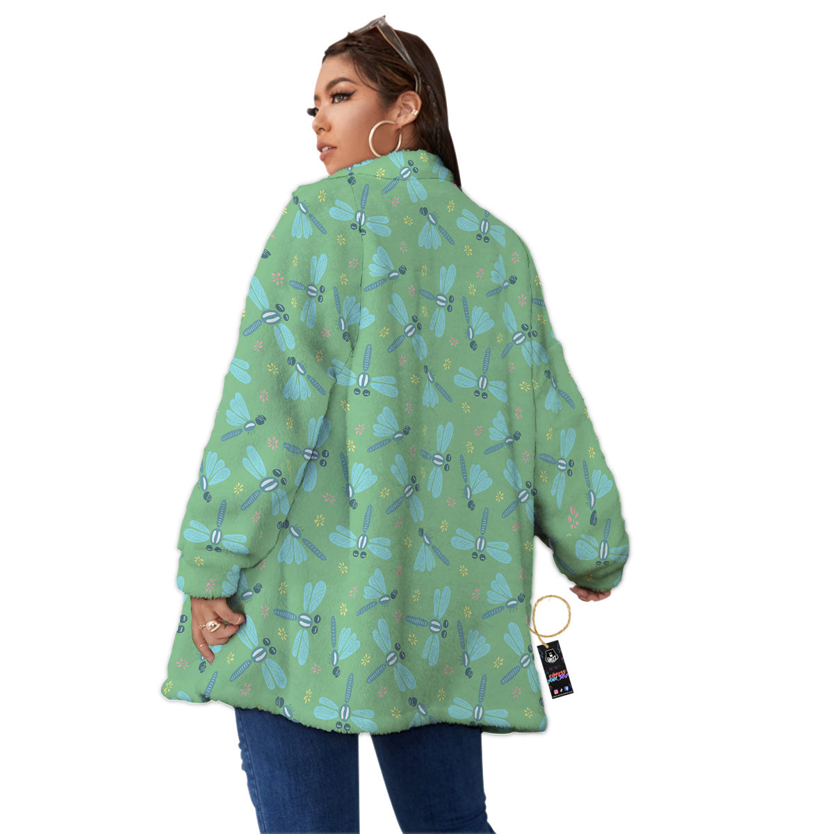 Dragonfly Green Print Pattern Women's Sherpa Jacket-grizzshop
