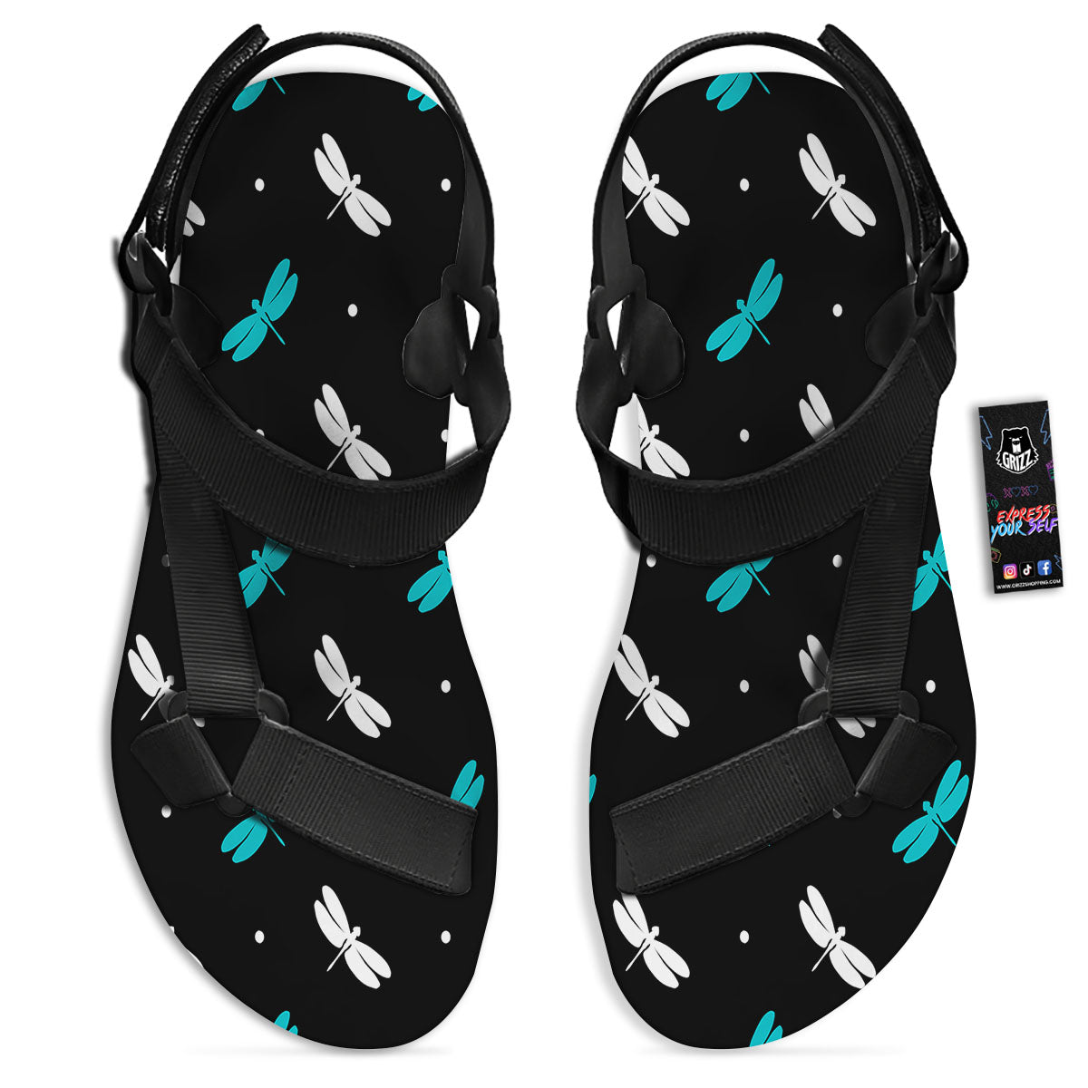 Dragonfly Polka Dot Print Pattern Black Open Toe Sandals-grizzshop