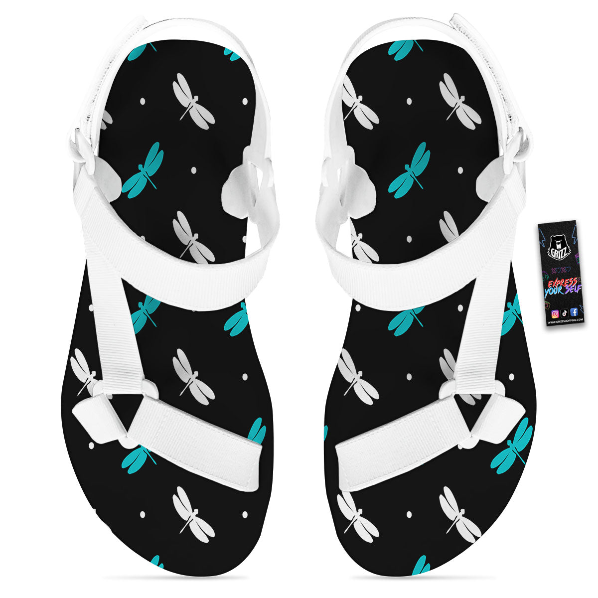 Dragonfly Polka Dot Print Pattern White Open Toe Sandals-grizzshop