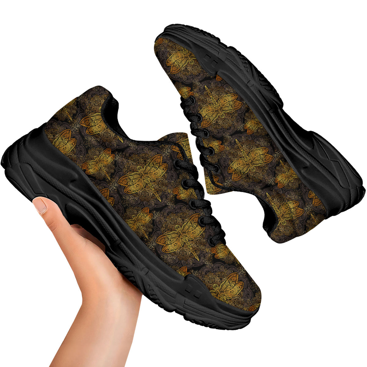 Dragonfly Spiritual Golden Print Black Chunky Shoes-grizzshop