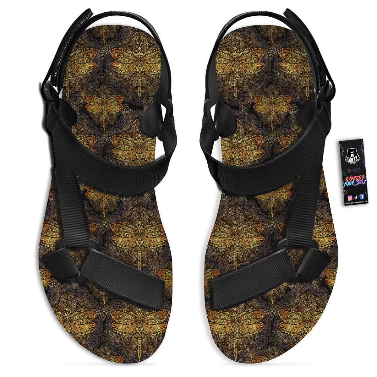 Dragonfly Spiritual Golden Print Black Open Toe Sandals-grizzshop