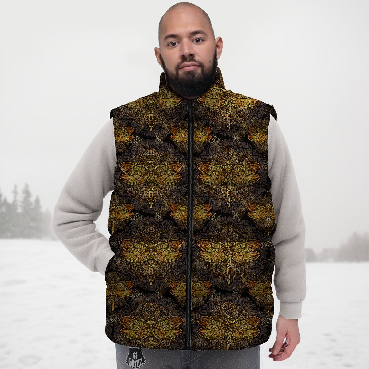 Dragonfly Spiritual Golden Print Down Vest