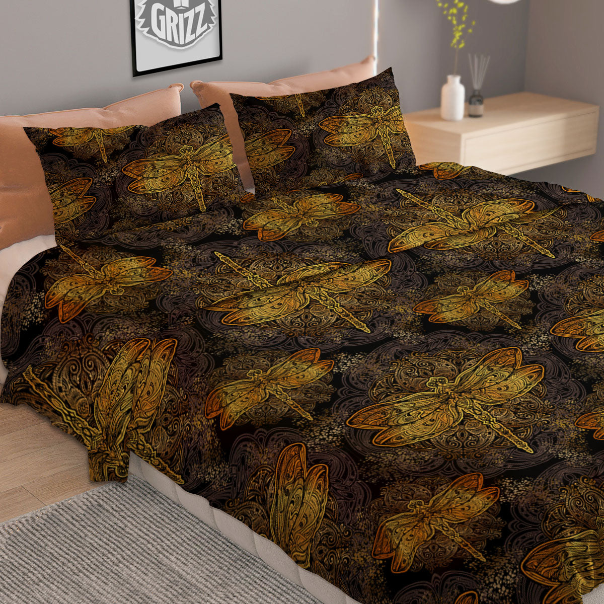 Dragonfly Spiritual Golden Print Duvet Cover Bedding Set