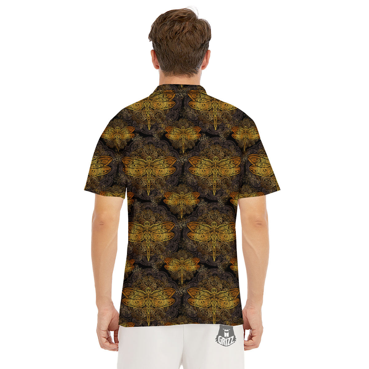 Dragonfly Spiritual Golden Print Men's Golf Shirts-grizzshop