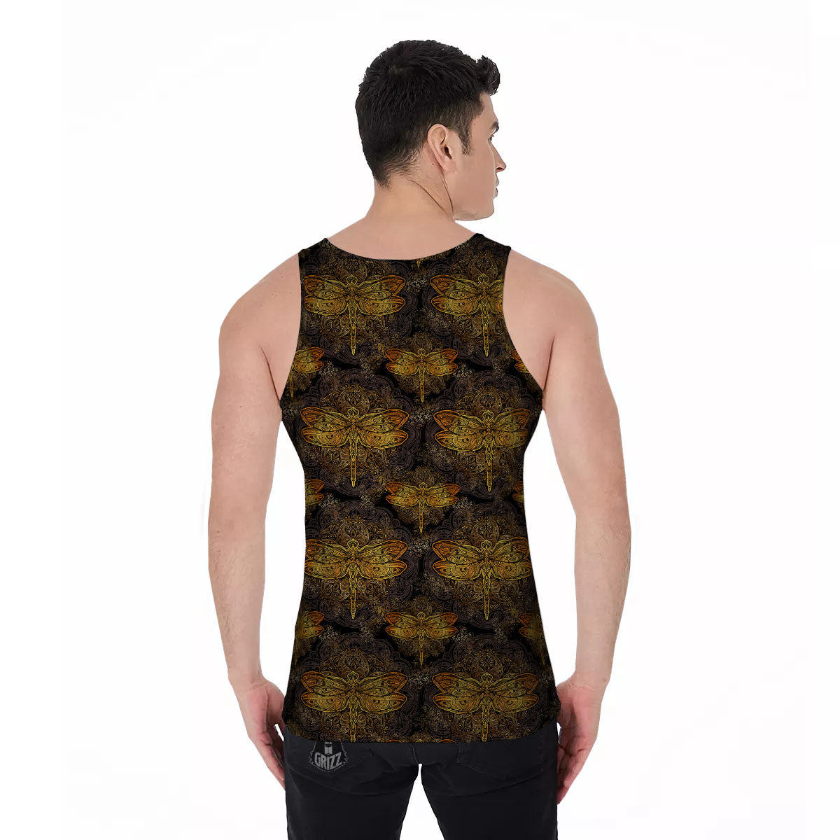 Dragonfly Spiritual Golden Print Men's Tank Top-grizzshop