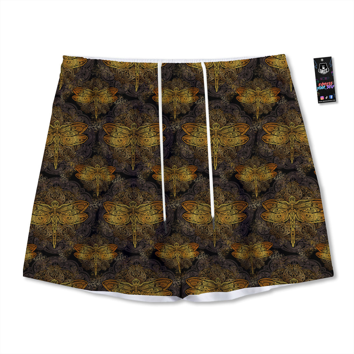 Dragonfly Spiritual Golden Print Mesh Shorts