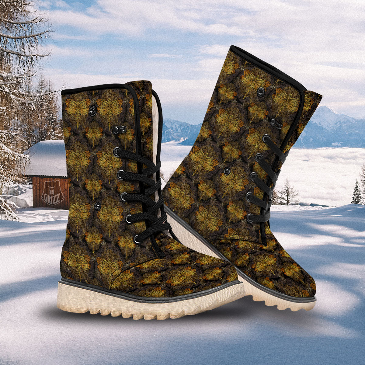 Dragonfly Spiritual Golden Print Snow Boots-grizzshop