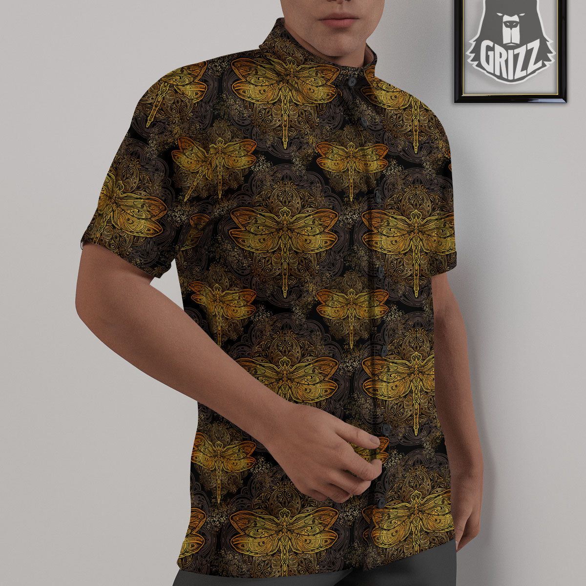 Dragonfly Spiritual Golden Print Untucked Shirts-grizzshop