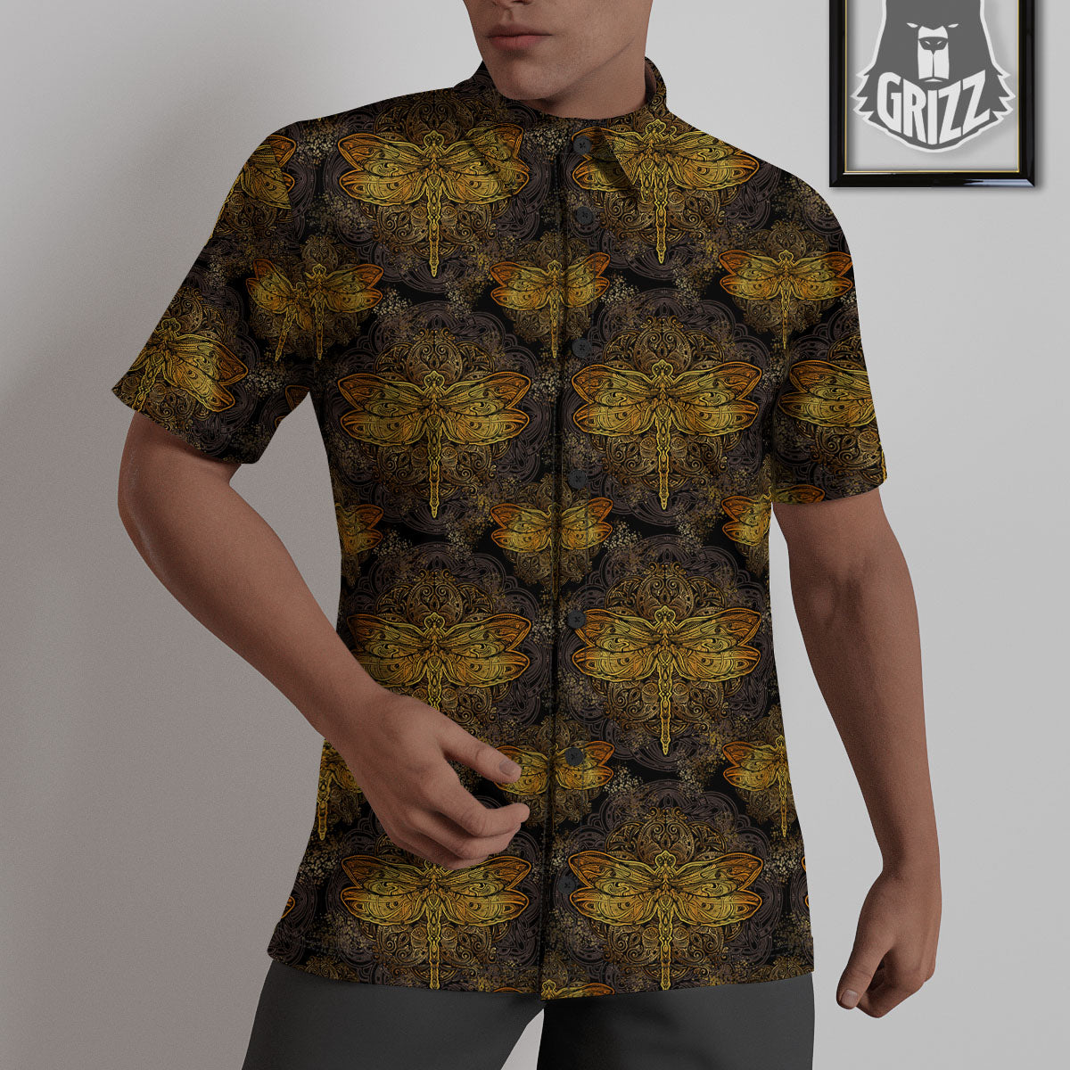 Dragonfly Spiritual Golden Print Untucked Shirts-grizzshop