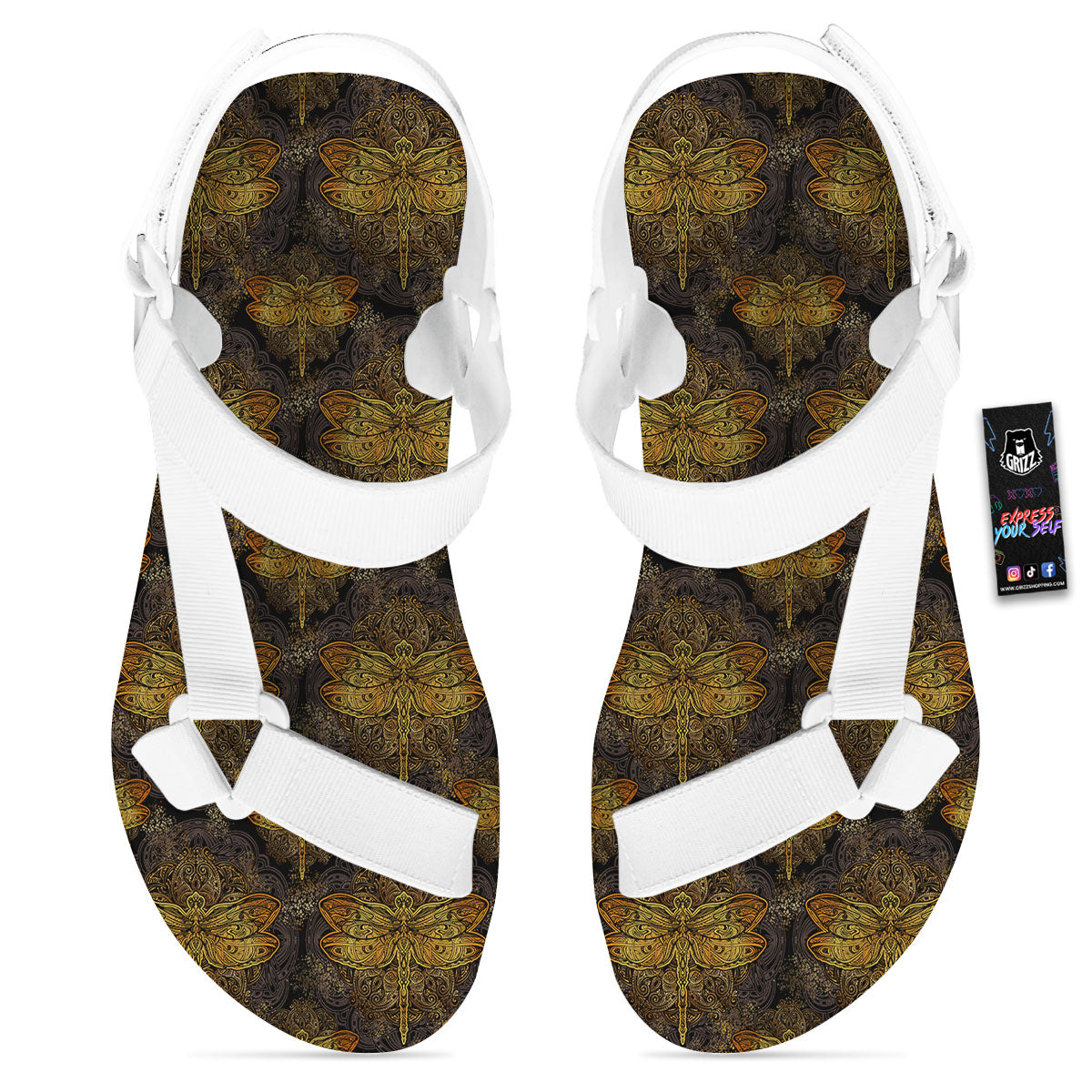 Dragonfly Spiritual Golden Print White Open Toe Sandals-grizzshop