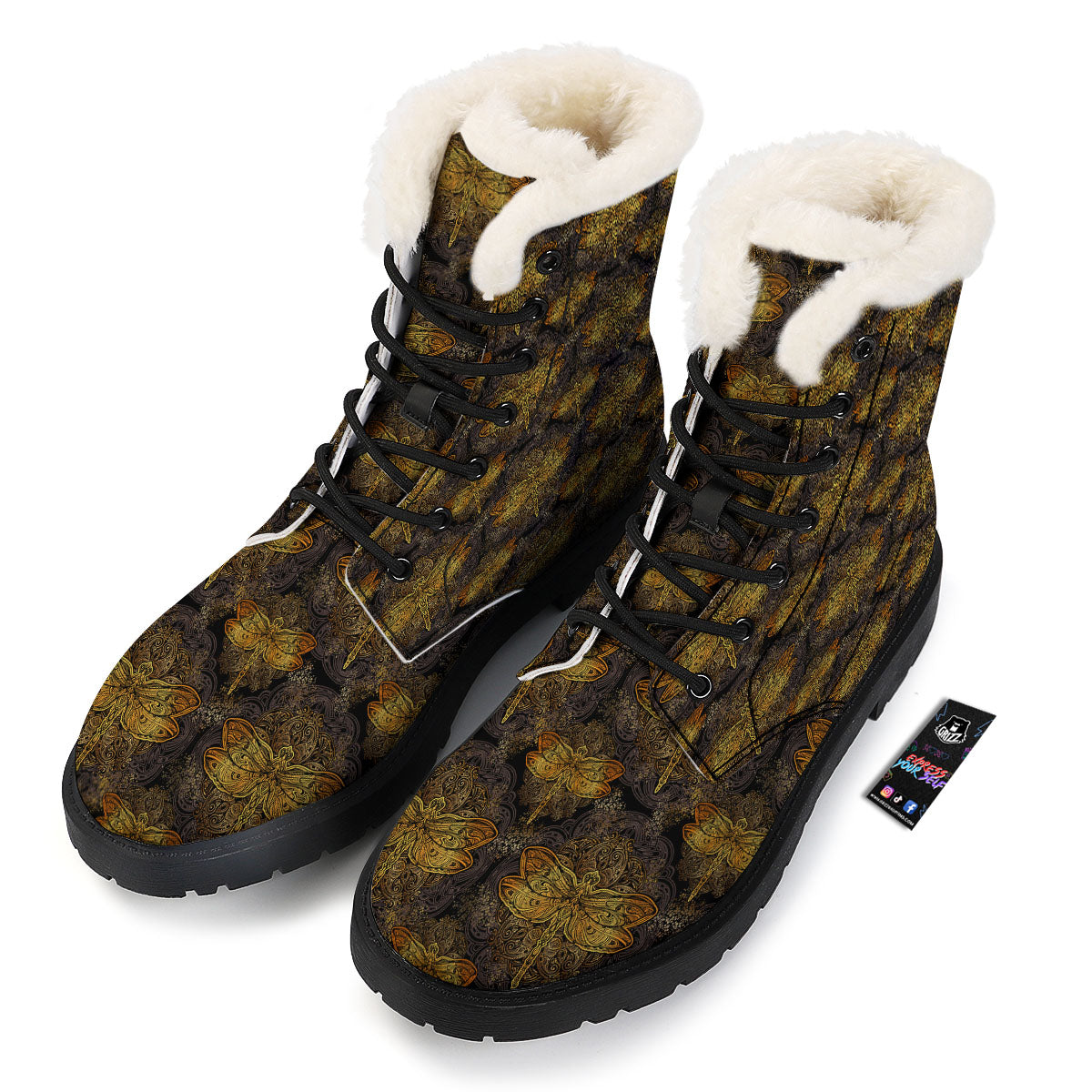 Dragonfly Spiritual Golden Print Winter Boots-grizzshop