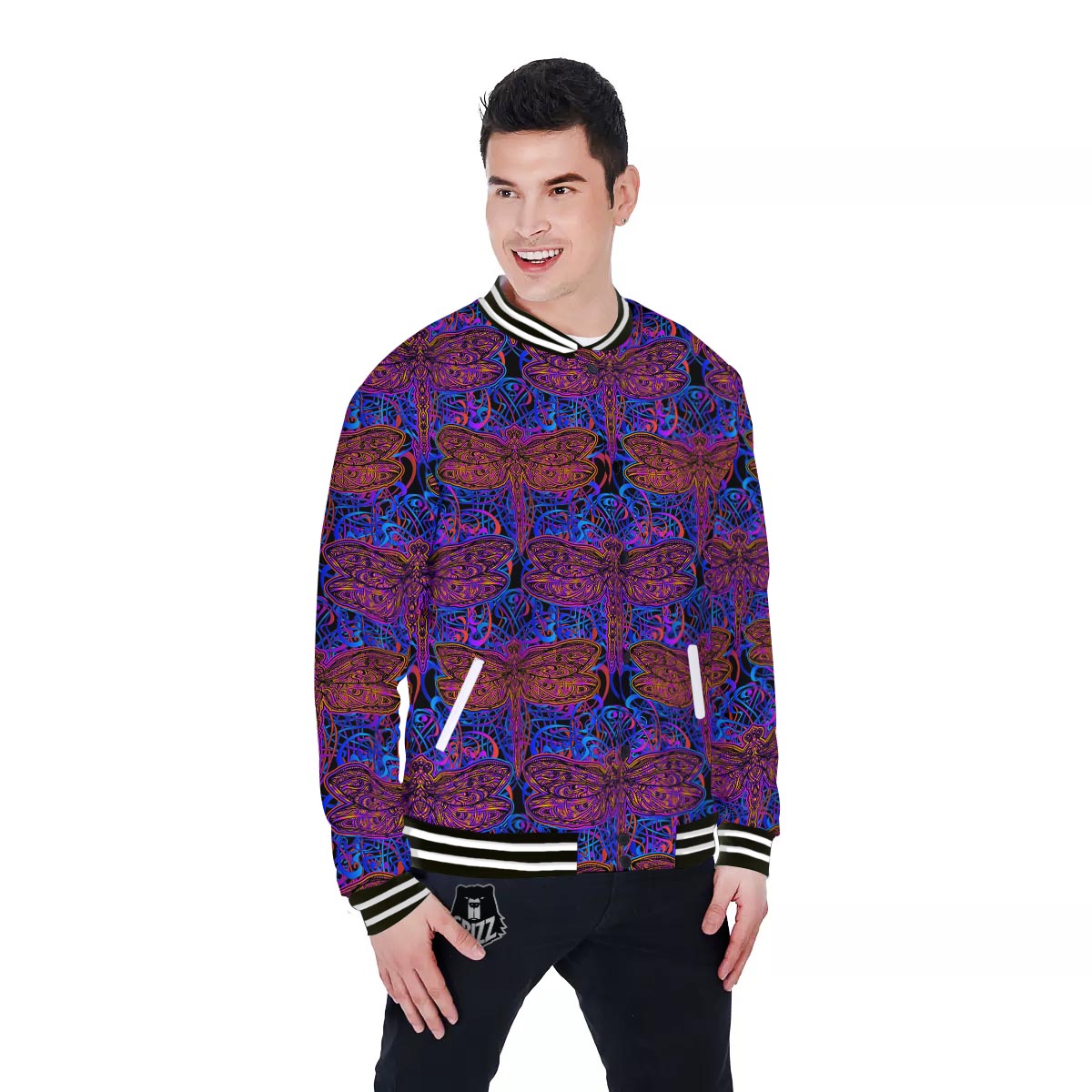 Dragonfly Trippy Print Pattern Baseball Jacket-grizzshop