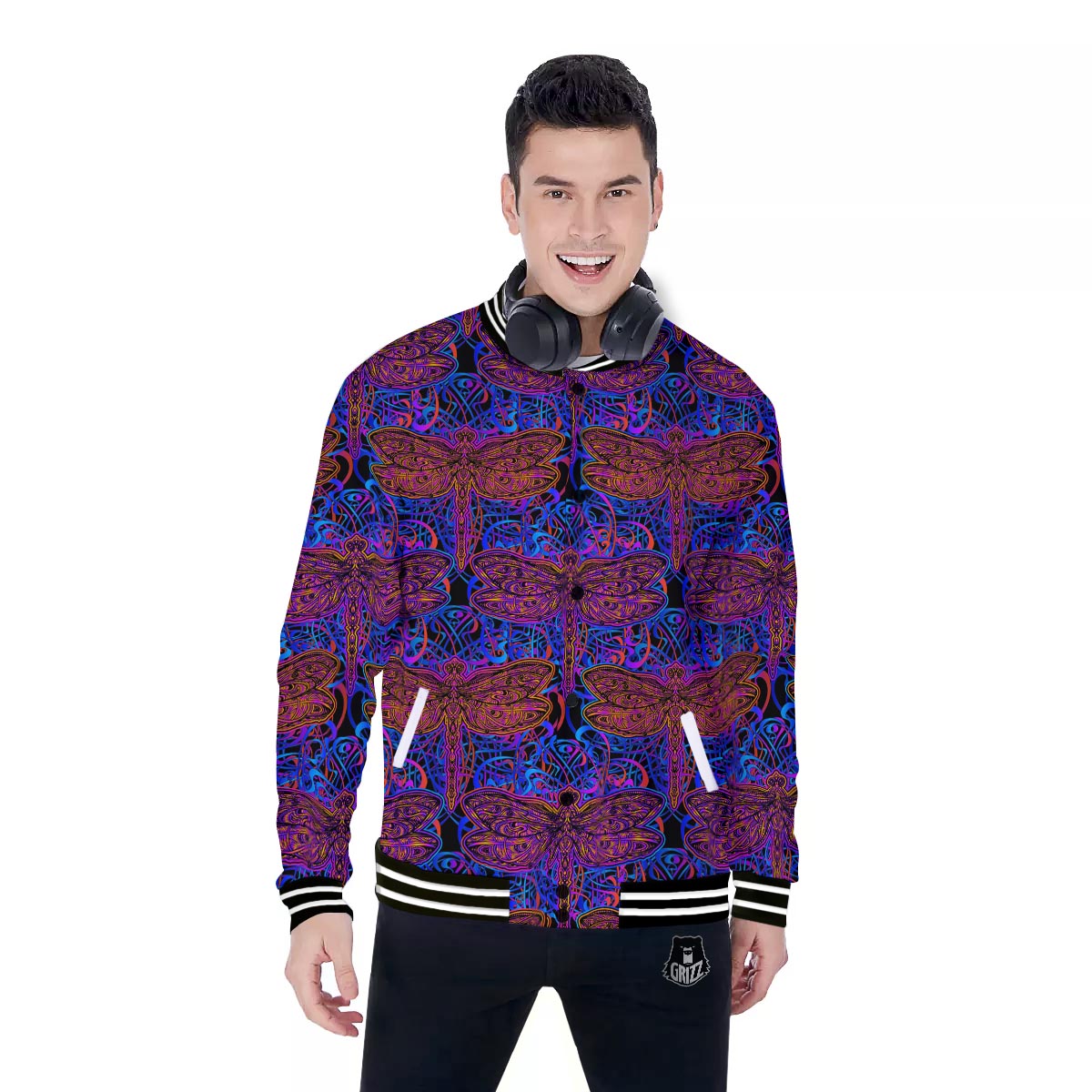 Dragonfly Trippy Print Pattern Baseball Jacket-grizzshop