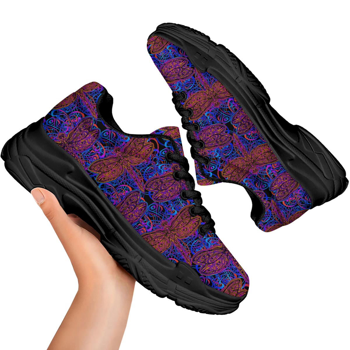 Dragonfly Trippy Print Pattern Black Chunky Shoes-grizzshop