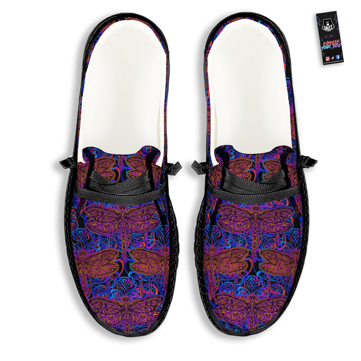 Dragonfly Trippy Print Pattern Black Loafers-grizzshop