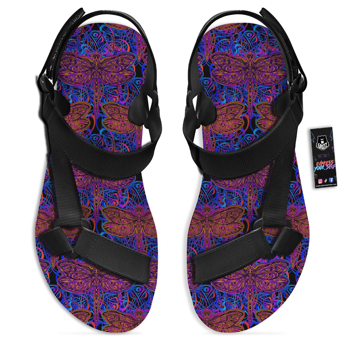 Dragonfly Trippy Print Pattern Black Open Toe Sandals-grizzshop