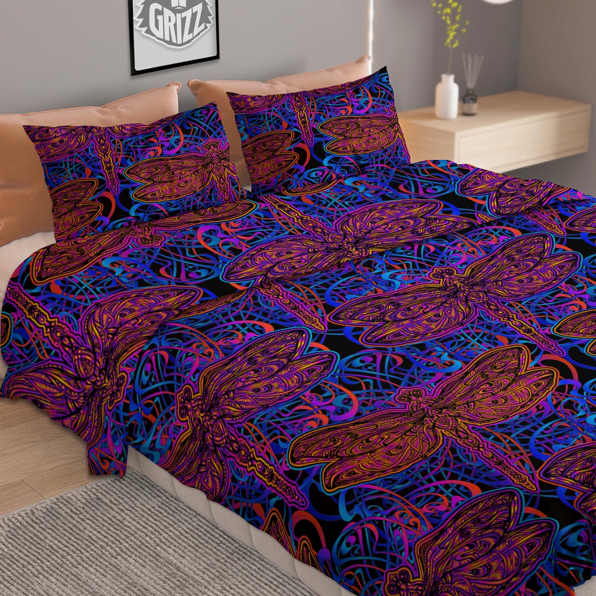 Dragonfly Trippy Print Pattern Duvet Cover Bedding Set