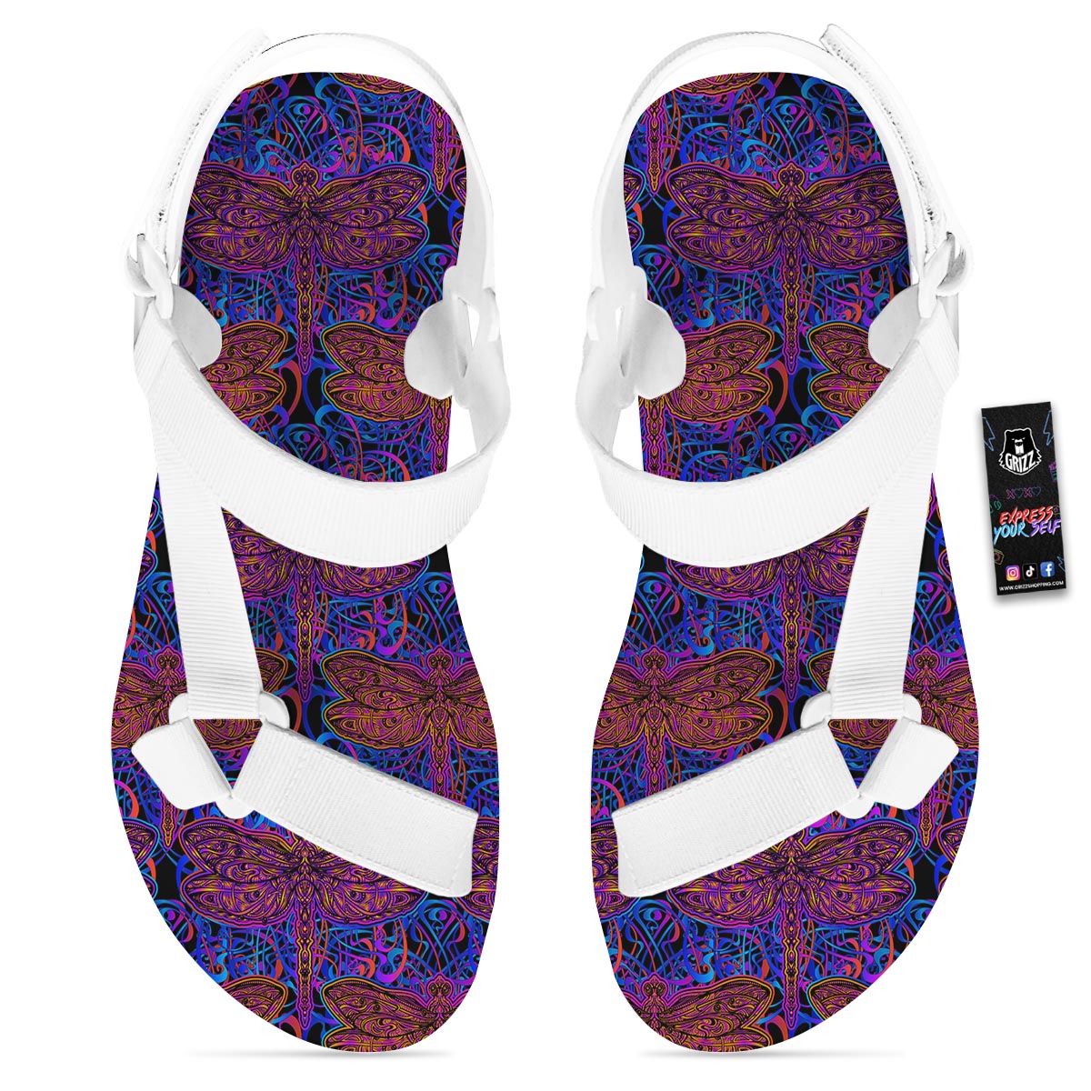 Dragonfly Trippy Print Pattern White Open Toe Sandals-grizzshop