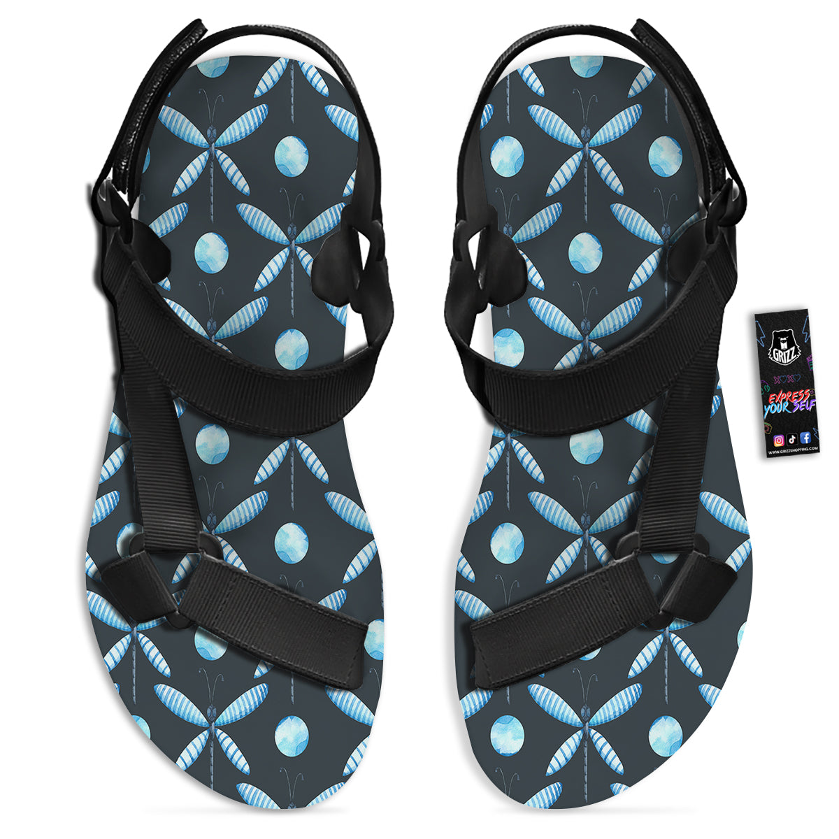 Dragonfly Turquoise Print Pattern Black Open Toe Sandals-grizzshop