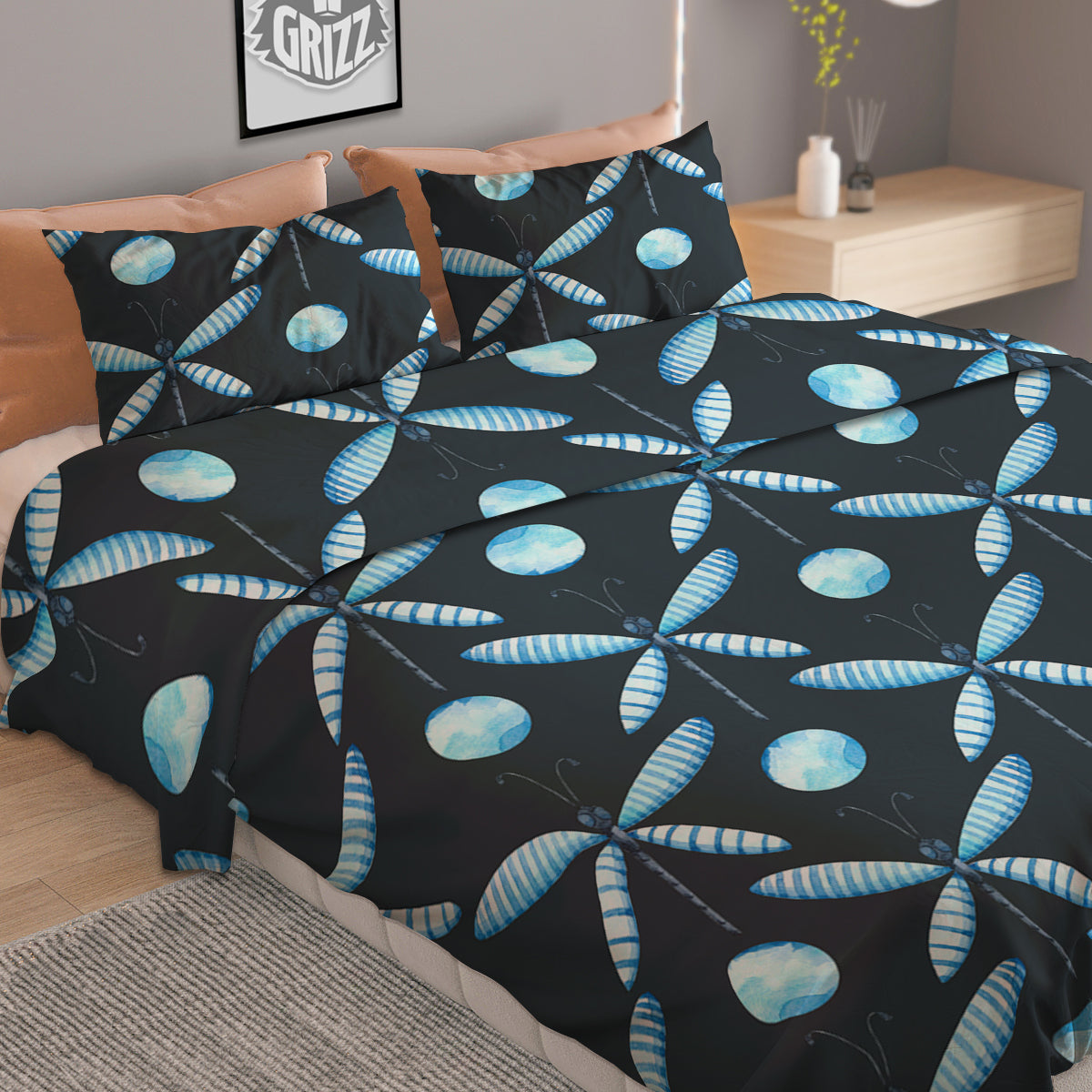 Dragonfly Turquoise Print Pattern Duvet Cover Bedding Set