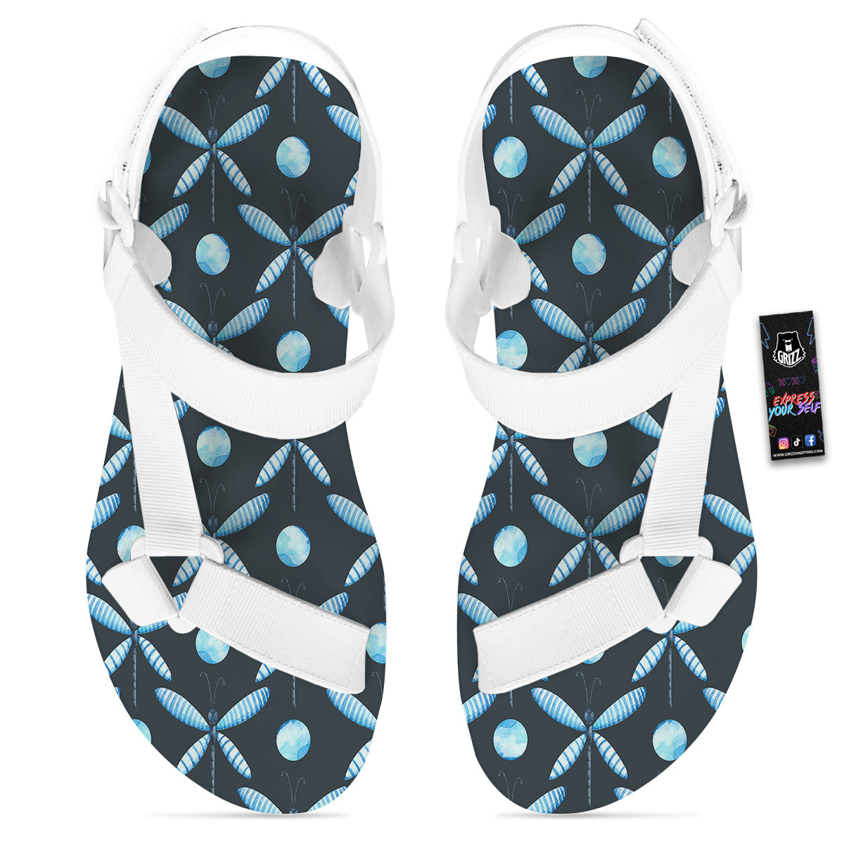 Dragonfly Turquoise Print Pattern White Open Toe Sandals-grizzshop