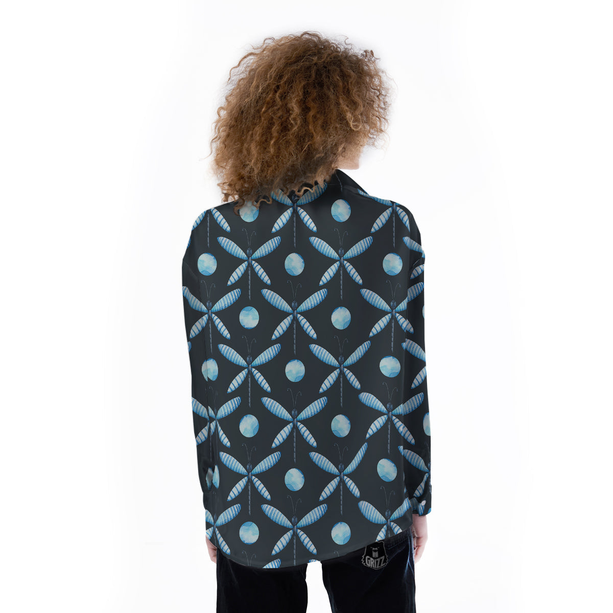 Dragonfly Turquoise Print Pattern Women's Long Sleeve Shirts-grizzshop