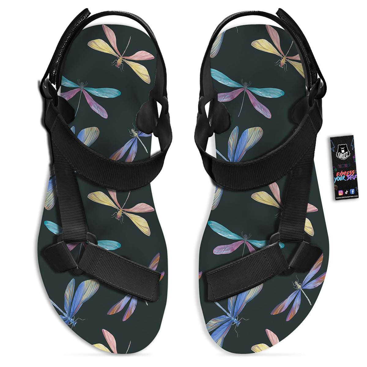 Dragonfly Vintage Print Pattern Black Open Toe Sandals-grizzshop