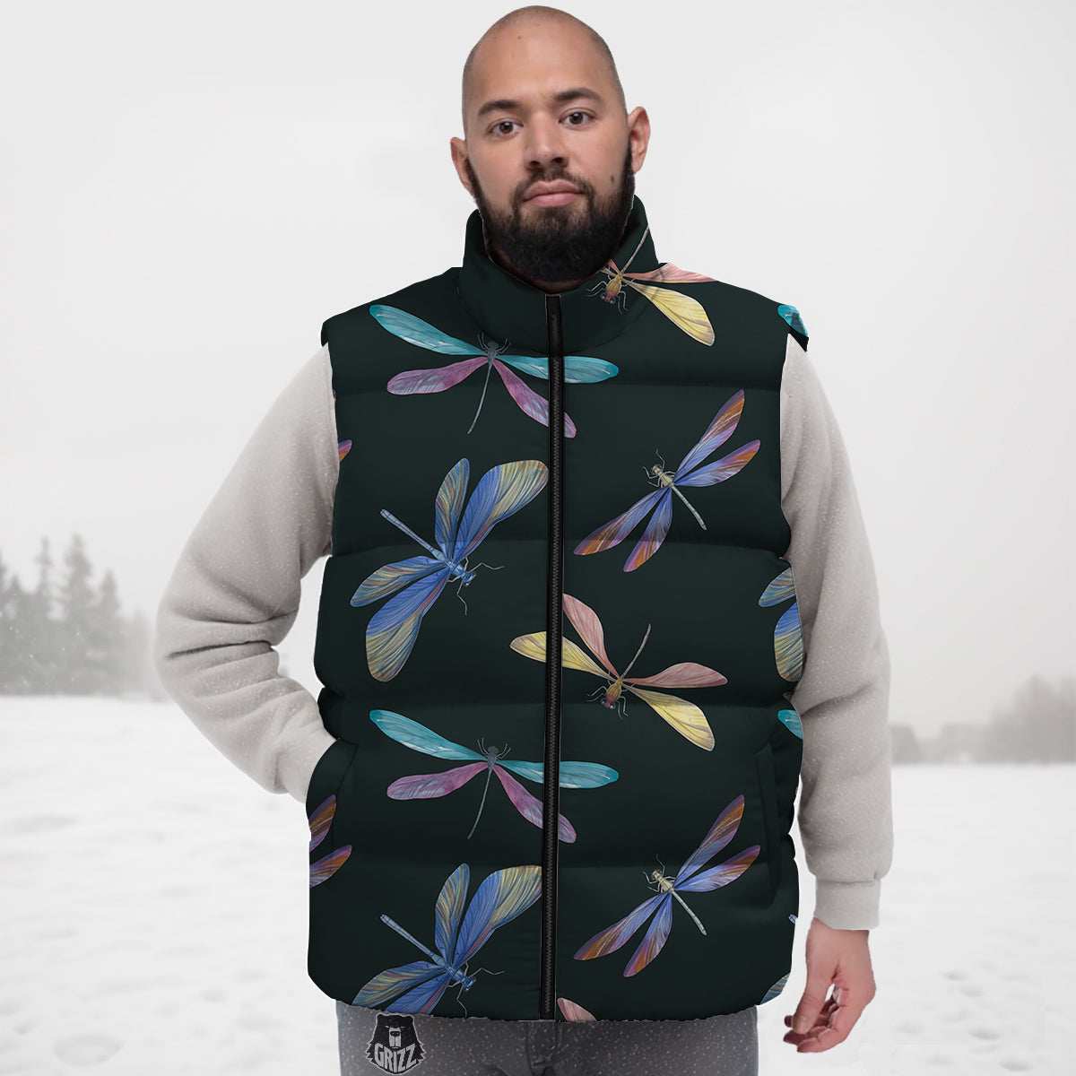 Dragonfly Vintage Print Pattern Down Vest-grizzshop