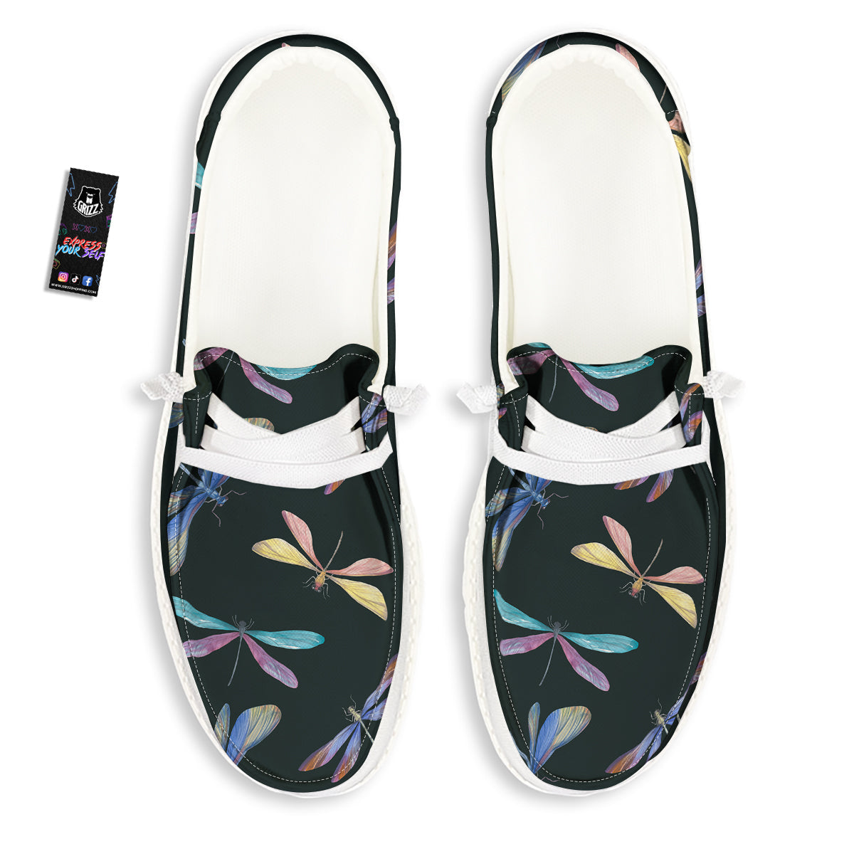 Dragonfly Vintage Print Pattern White Loafers-grizzshop