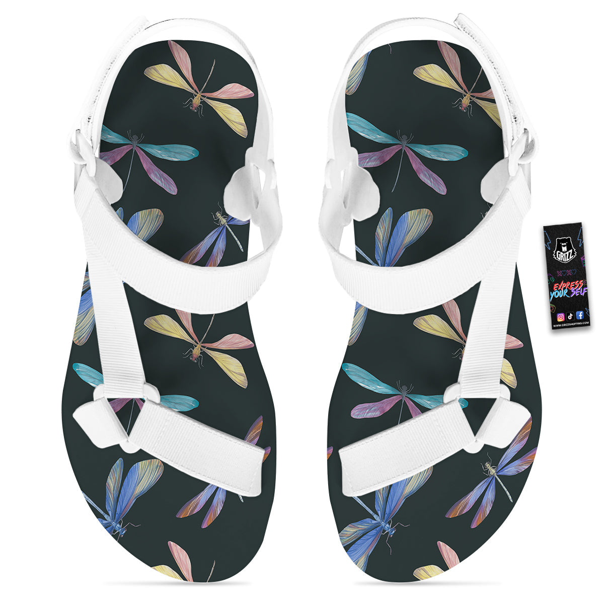 Dragonfly Vintage Print Pattern White Open Toe Sandals-grizzshop
