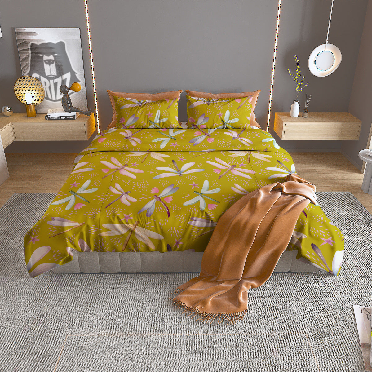 Dragonfly Yellow Watercolor Print Pattern Duvet Cover Bedding Set