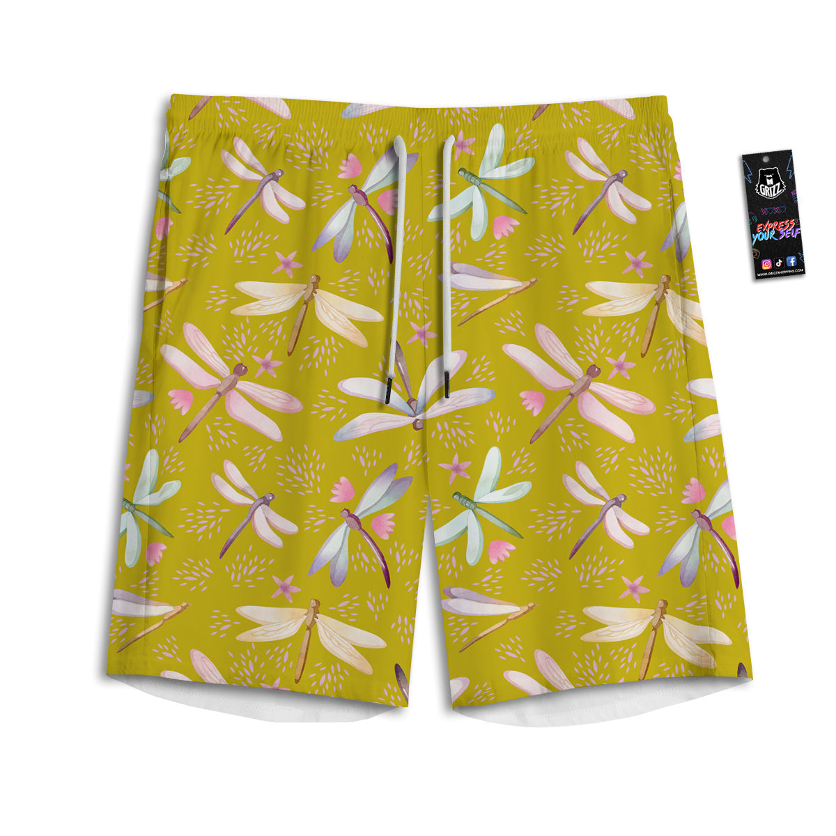 Dragonfly Yellow Watercolor Print Pattern Men's Athletic Shorts
