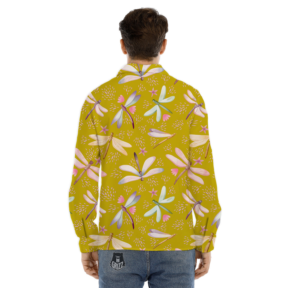 Dragonfly Yellow Watercolor Print Pattern Men's Dress Shirts-grizzshop