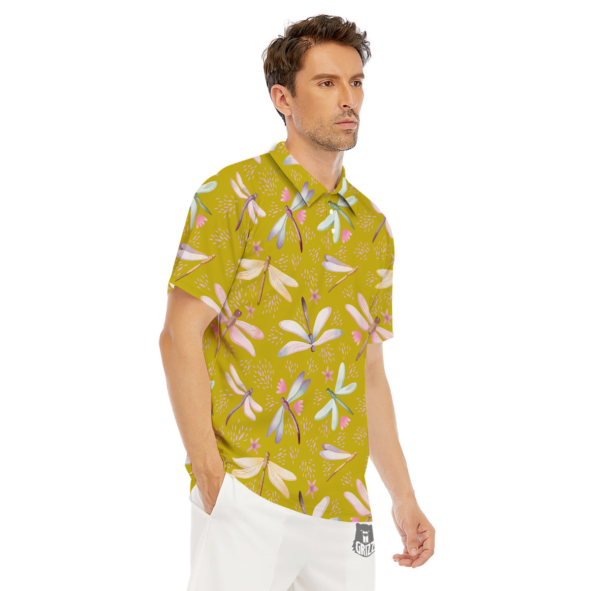 Dragonfly Yellow Watercolor Print Pattern Men's Golf Shirts-grizzshop