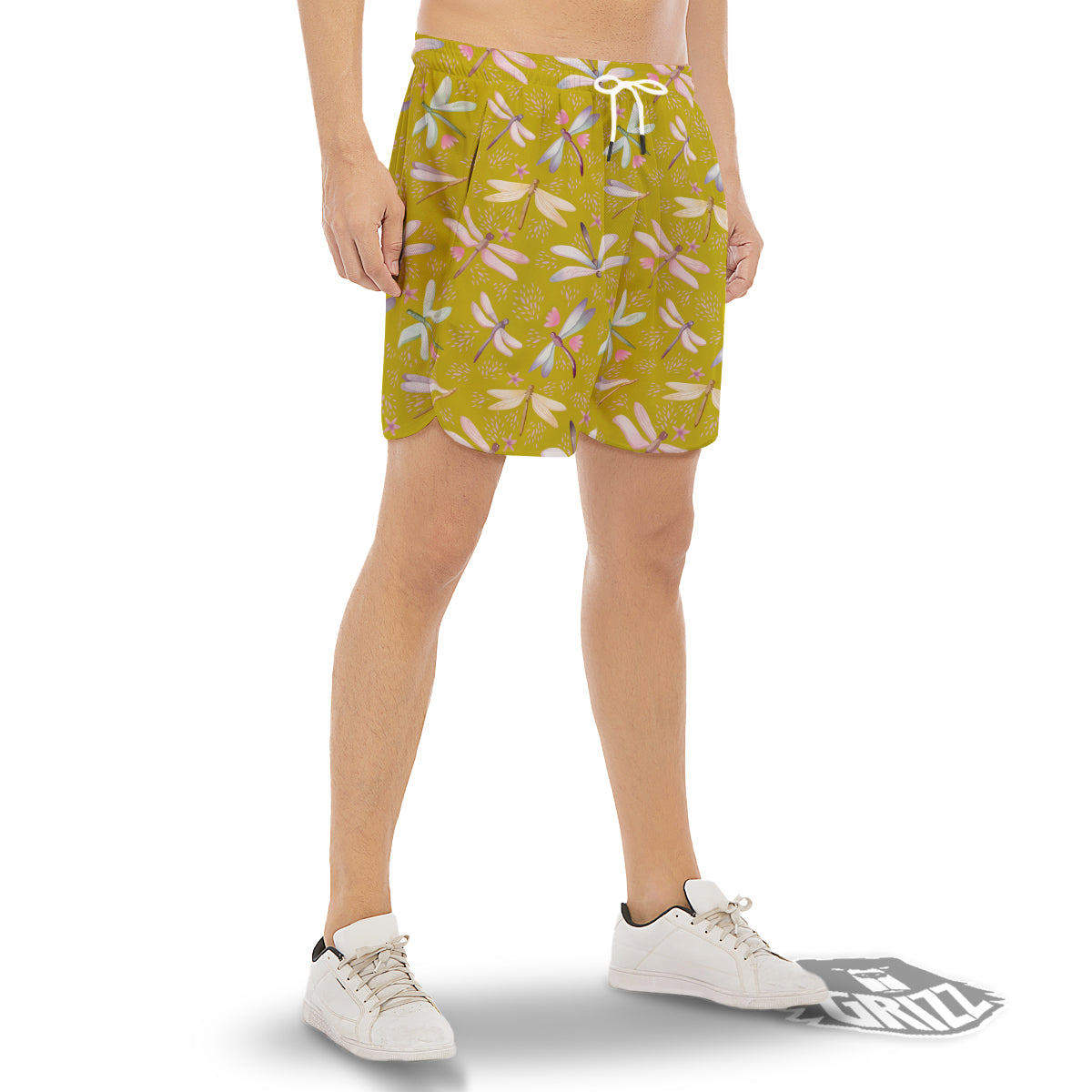 Dragonfly Yellow Watercolor Print Pattern Men's Gym Shorts-grizzshop