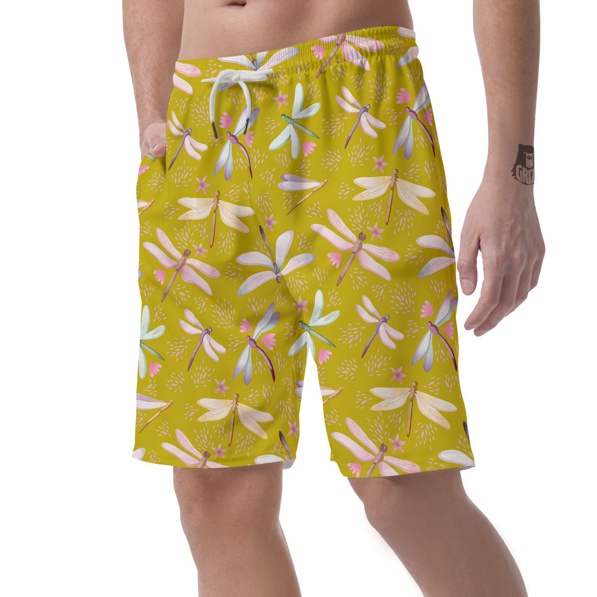 Dragonfly Yellow Watercolor Print Pattern Men's Shorts-grizzshop