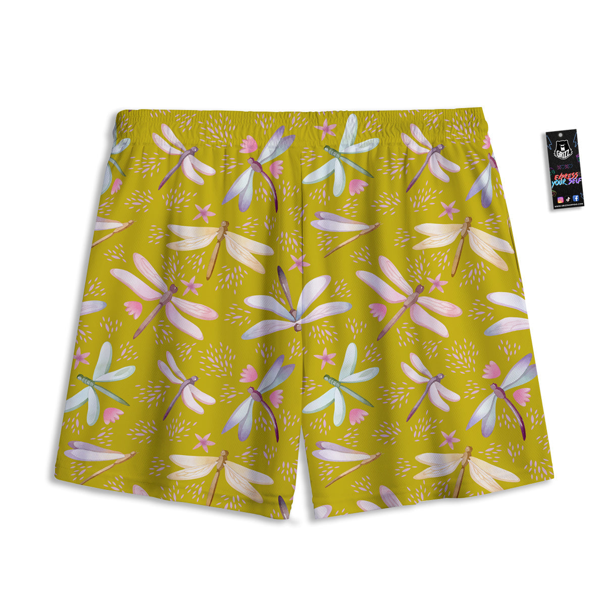 Dragonfly Yellow Watercolor Print Pattern Mesh Shorts