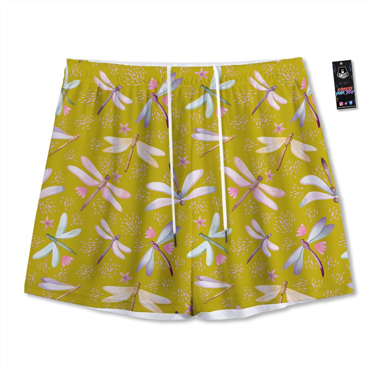 Dragonfly Yellow Watercolor Print Pattern Mesh Shorts