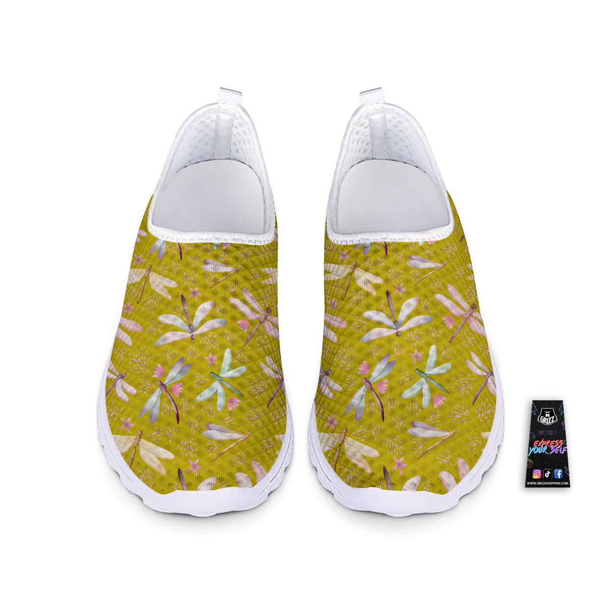 Dragonfly Yellow Watercolor Print Pattern Nurse Shoes-grizzshop