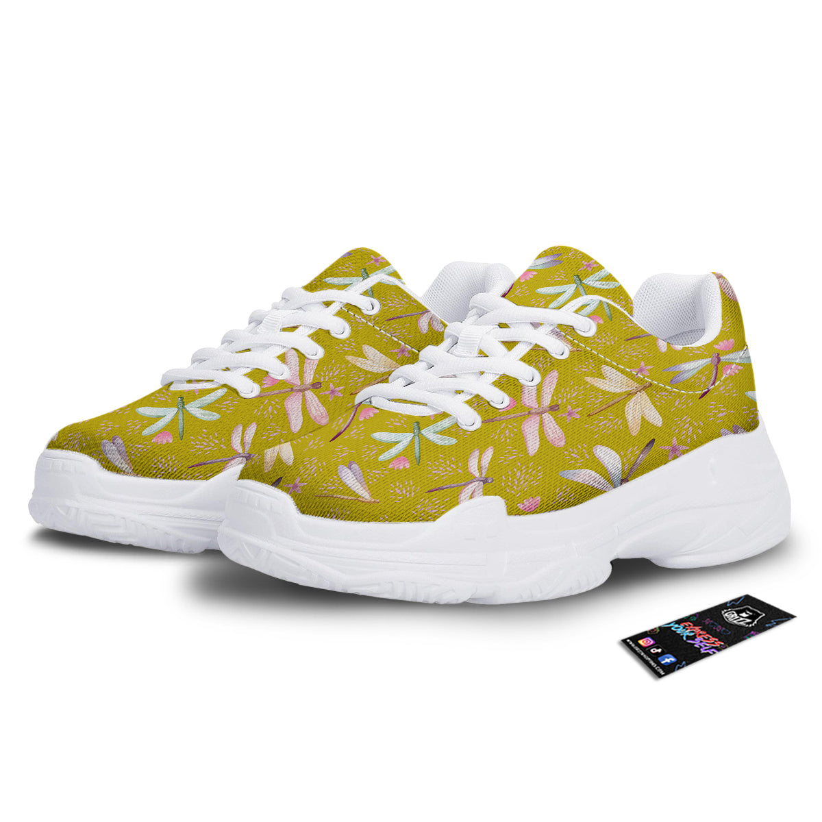 Dragonfly Yellow Watercolor Print Pattern White Chunky Shoes-grizzshop