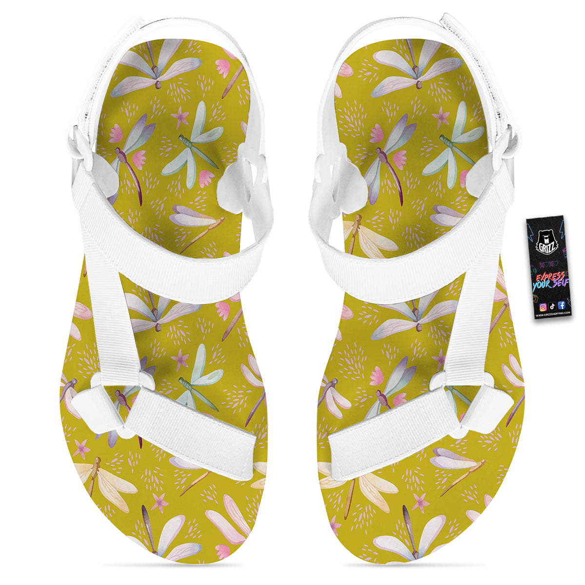 Dragonfly Yellow Watercolor Print Pattern White Open Toe Sandals-grizzshop