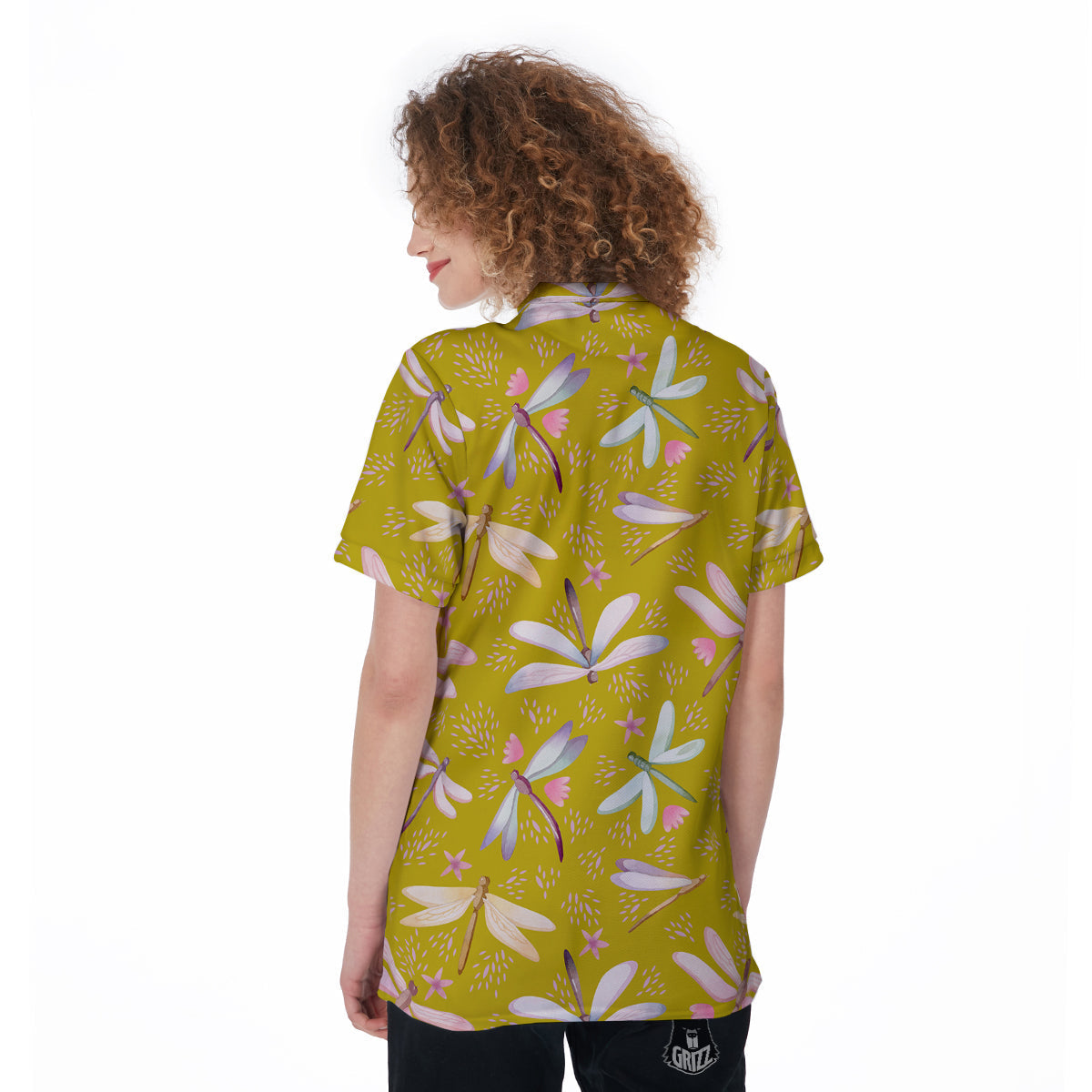 Dragonfly Yellow Watercolor Print Pattern Women's Golf Shirts-grizzshop