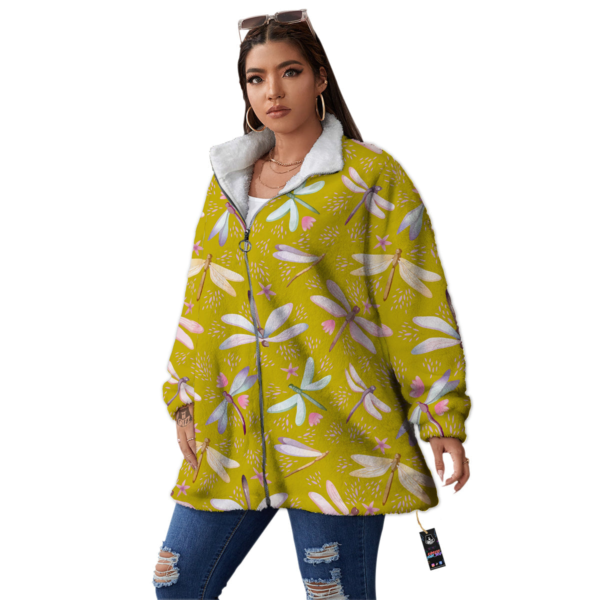 Dragonfly Yellow Watercolor Print Pattern Women's Sherpa Jacket-grizzshop